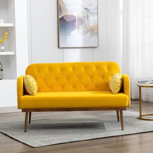 55 in. W Square Arm Velvet Straight Sofa Loverseat Couch in Yellow