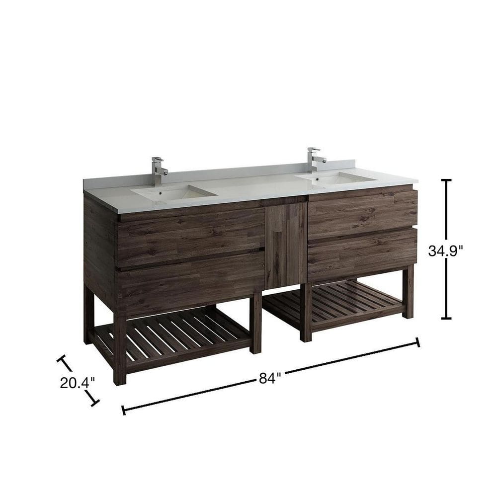 Acacia Wood 84" Double Sink Vanity with Quartz Top