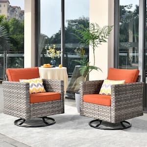 Tahoe Grey Swivel Rocking Wicker Outdoor Patio Lounge Chair with Orange Red Cushions (2-Pack)
