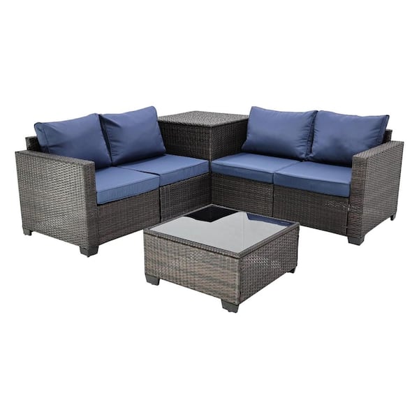 Unbranded 4-Piece Brown Wicker Outdoor Sofa Sectional Set with Dark Blue Cushions, Large Space Storage Box