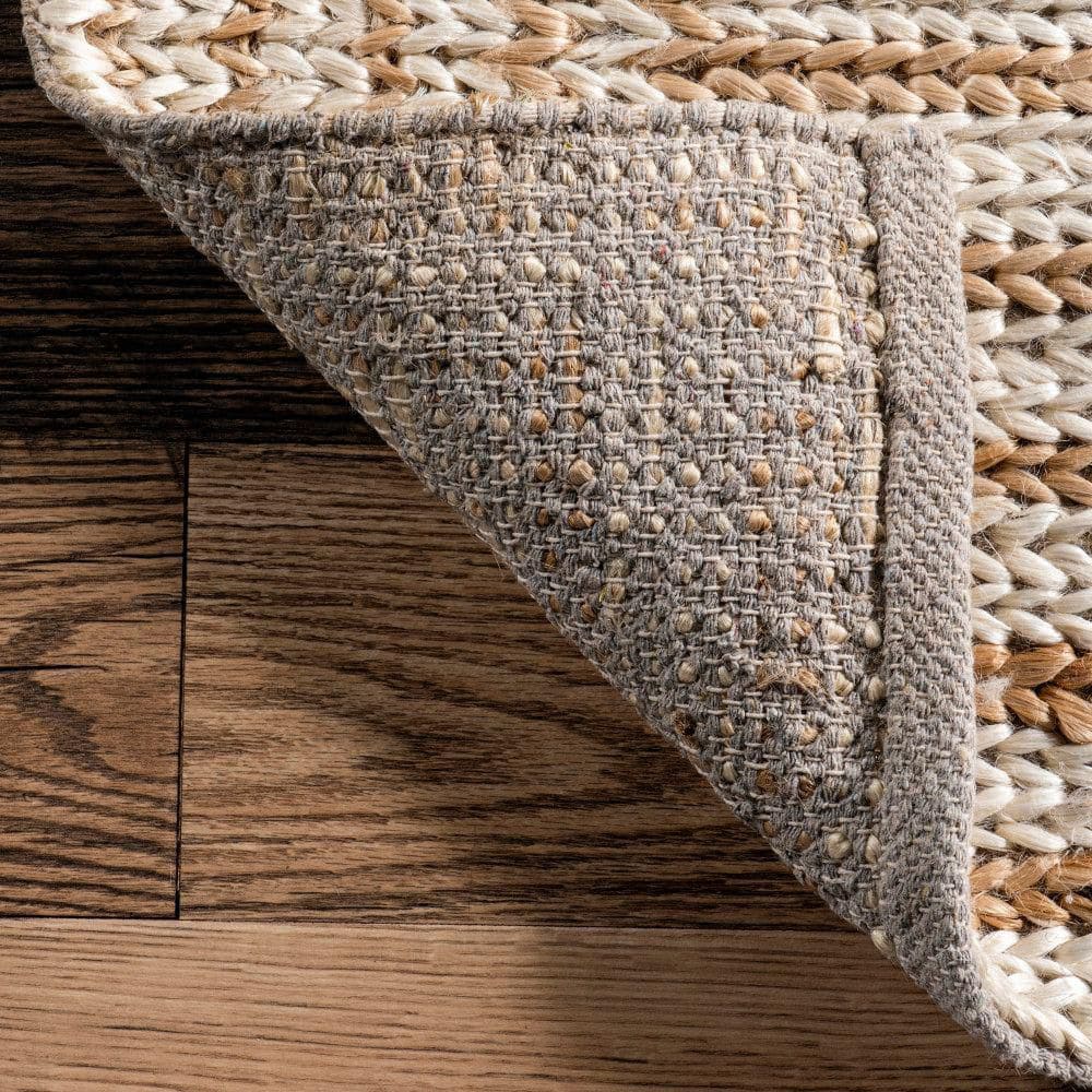 Ivory and Beige Braided Cotton Rectangular Area Rug, 5' x 8'