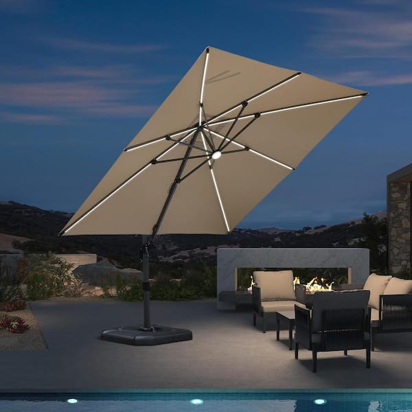 10 ft. Square Aluminum Cantilever Solar Powered LED Offset 360° Rotation Umbrella with Base, Beige