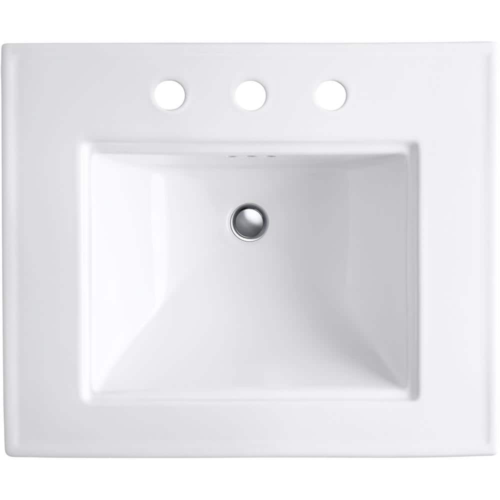 White Ceramic Pedestal Bathroom Sink with Faucet Holes