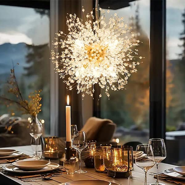 9-Light 21.65 in. Integrated LED Gold Firework Chandelier Light Crystal Starburst Pendant