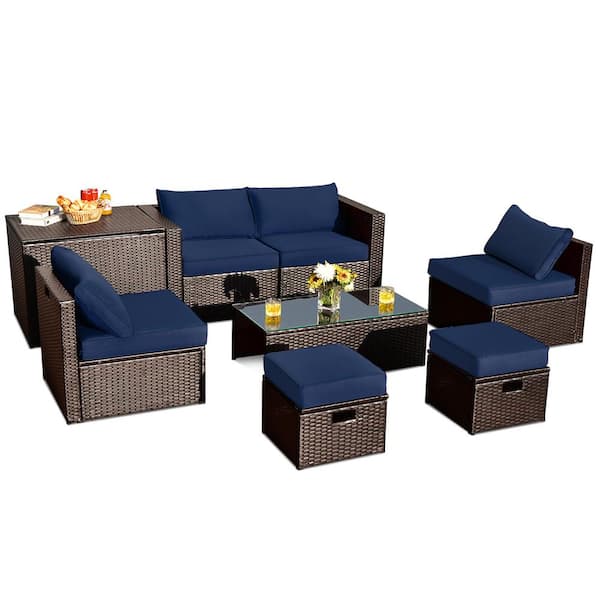 Costway 8-Piece Patio Rattan Furniture Set Space-Saving Storage Cushion Navy Cover