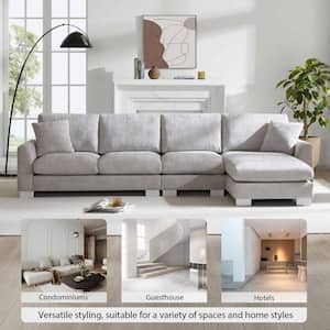 119 in. Square Arm Chenille L-shaped Sofa with 2 Free pillows in. Light Gray