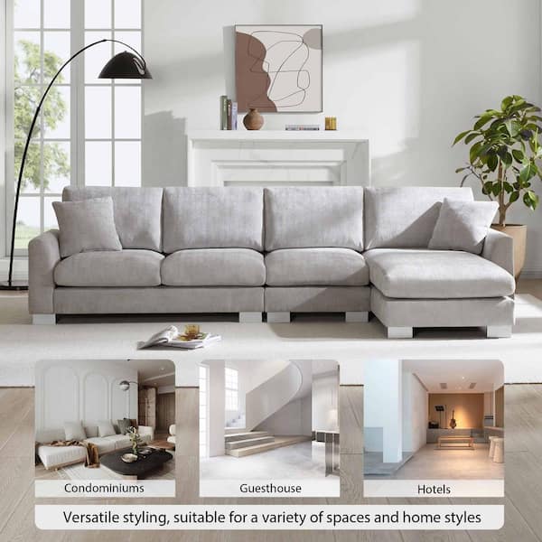 119 in. Square Arm Chenille L-shaped Sofa with 2 Free pillows in. Light Gray