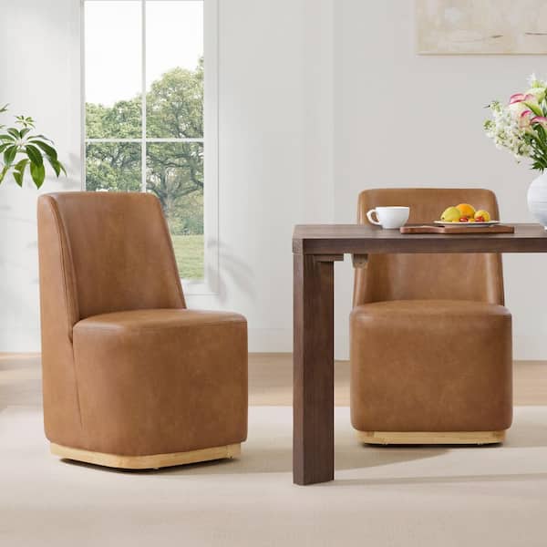 Oberon Camel Faux Leather Modern Dining Chairs with Casters Base and Solid Wood Frame for Dining Room(Set of 2)