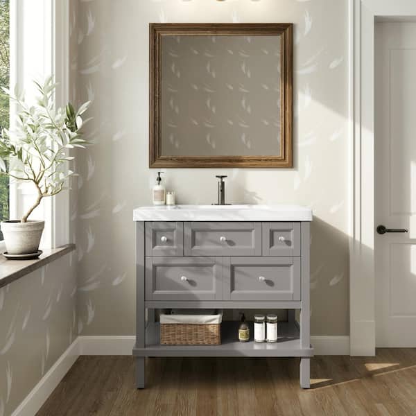Glacier Bay Ashland 37 in. W x 19 in. D x 37 in. H Single Sink Freestanding Bath Vanity in Taupe Gray with White Cultured Marble Top