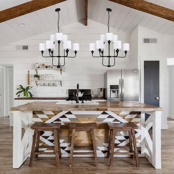 9-Light Matte Black Traditional Branch Chandelier with White Fabric Shade for Kitchen Island