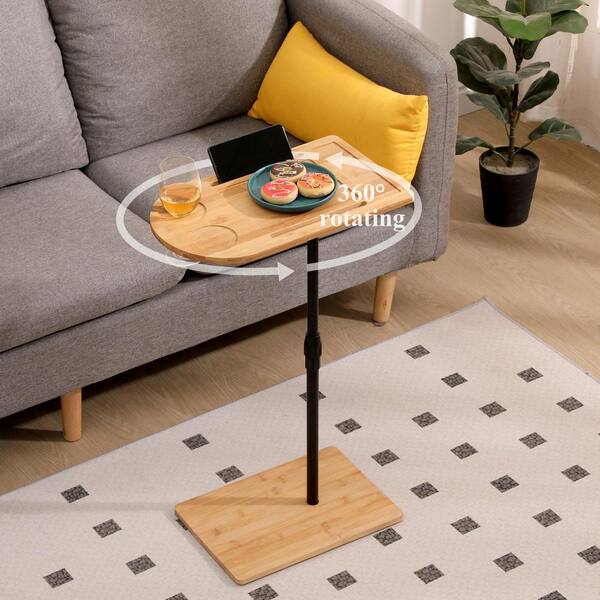 Natural Oval Bamboo Height Adjustable C Shaped Side Table with Slots for Bed Sofa and Chairs