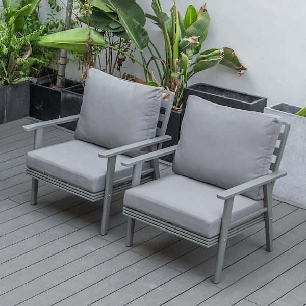 Leisuremod Walbrooke Modern Grey Outdoor Arm Chair with Powder Coated Aluminum Frame and Removable Cushions in Grey Set of 2