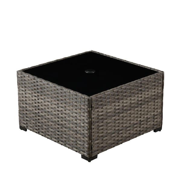 OculusG Square Wicker Outdoor Patio Coffee Table with Tempered-Glass Top and Umbrella Hole