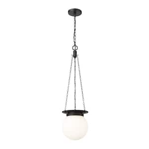 Calhoun 9 in. 1-Light Matte Black Pendant Light with White Opal Glass Shade with No Bulbs included