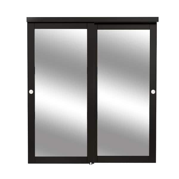 72 in., x 80 in., Solid Core 1-Lite Mirror Black Finished MDF Interior Closet Sliding Door with Hardware