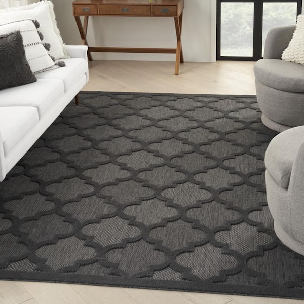 Black 7 ft. x 10 ft. Woven Abstract Polyester Rectangle Indoor/Outdoor Area Rug