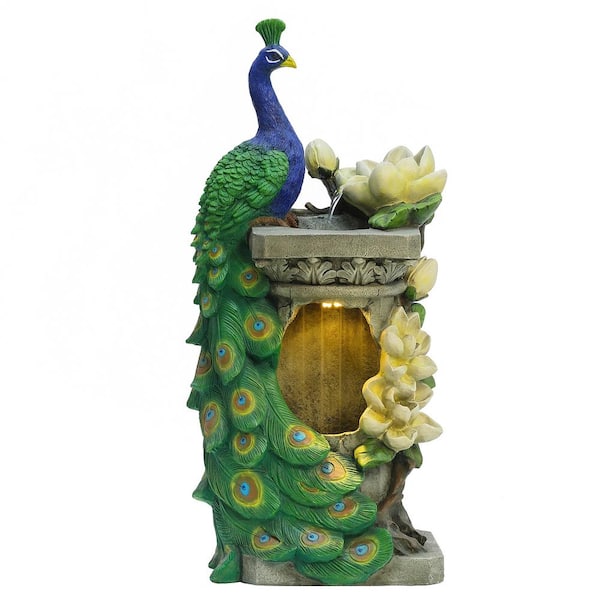 LuxenHome Polyresin Peacock Outdoor Fountain with LED Light