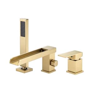 Single-Handle Roman Tub Faucet with Hand Shower 3-Hole Bathroom Waterfall Bathtub Faucet in Brushed Gold