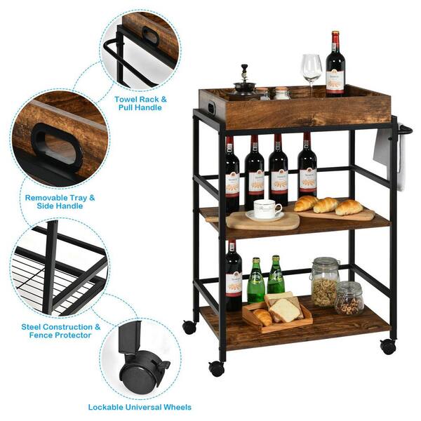 Rolling Kitchen Cart Service Bar Industrial Glass Rack Wood Tray Home Furniture 