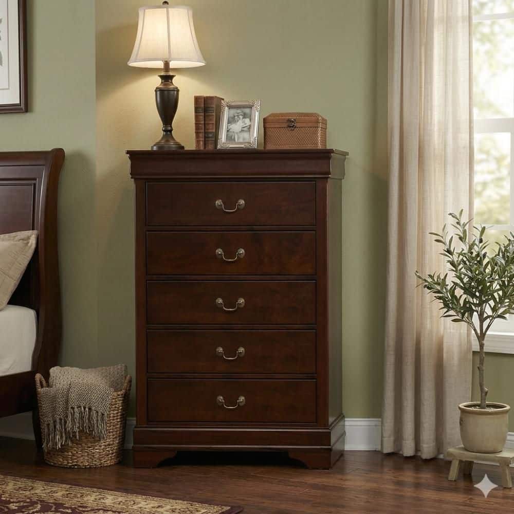 Cherry Brown and Bronze 5-Drawers 31.5 in. Chest of Drawers Dresser Without Mirror