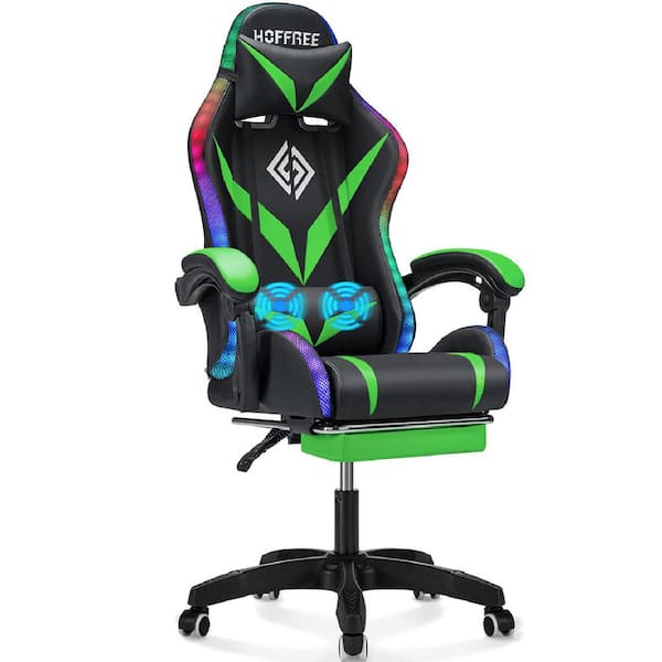 Faux Leather Massage Ergonomic Gaming Chair in Green with LED Lights Footrest