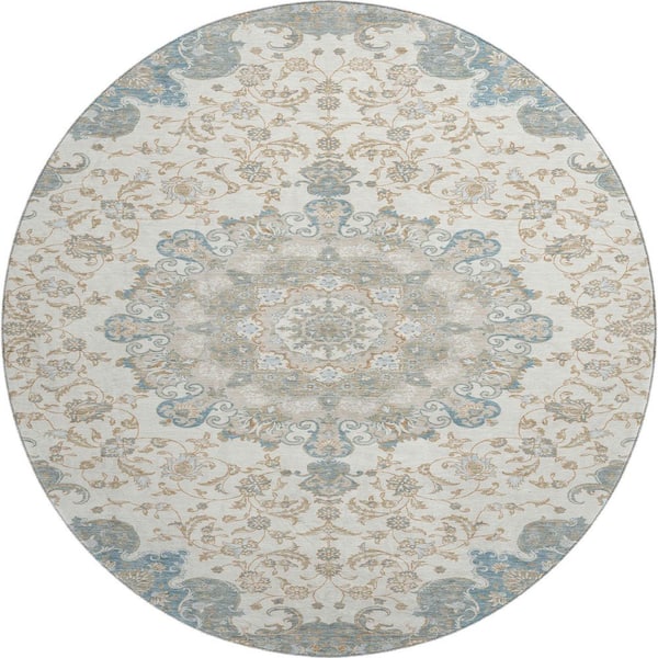 Mayfield Premium Machine Washable Abstract AMF2489 Ivory 8 ft. x 8 ft. Round Rug