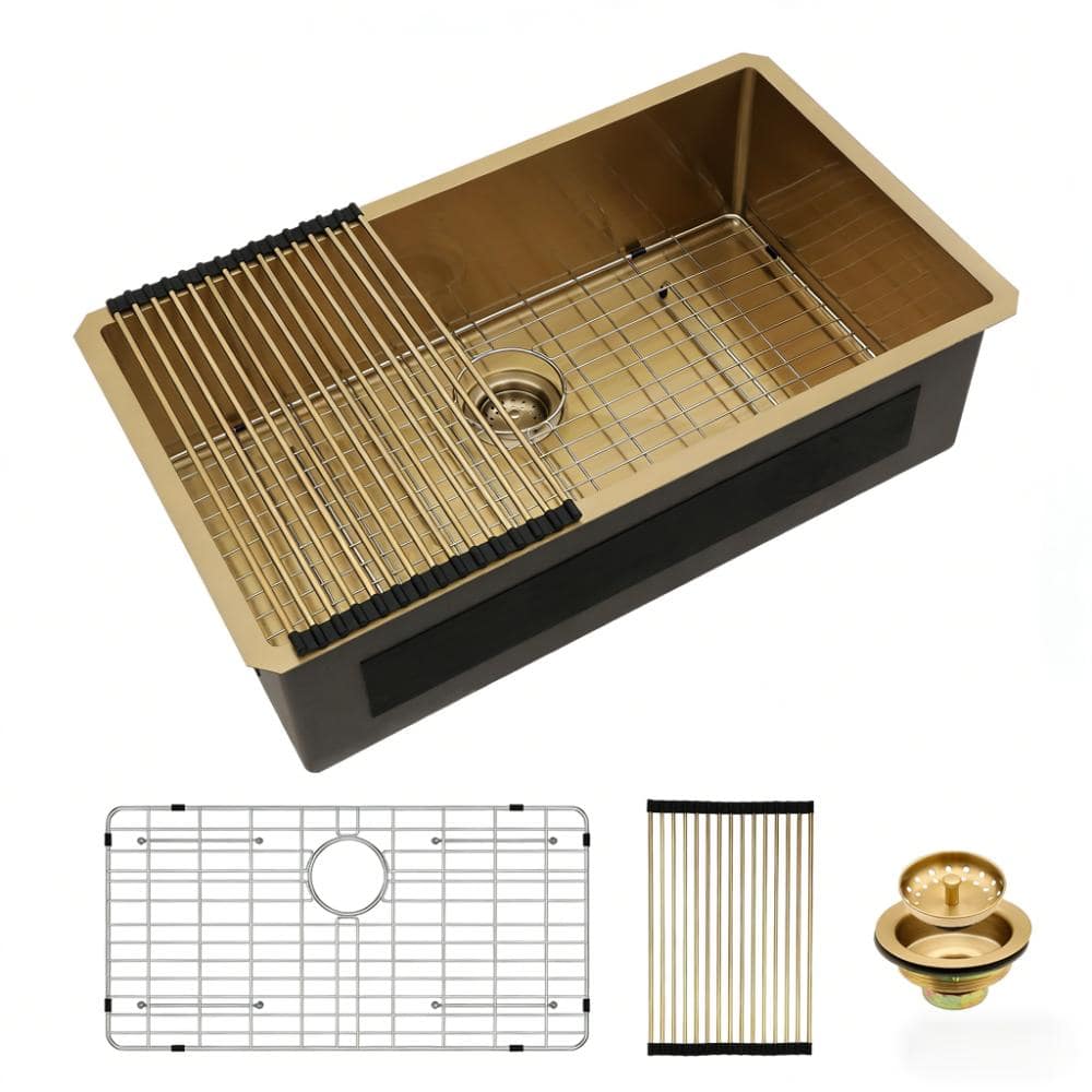 32 in. Undermount Single Bowl 16 Gauge Gold Stainless Steel Kitchen Sink with Bottom Grid and Drain Strainer price history on PriceWatchPro