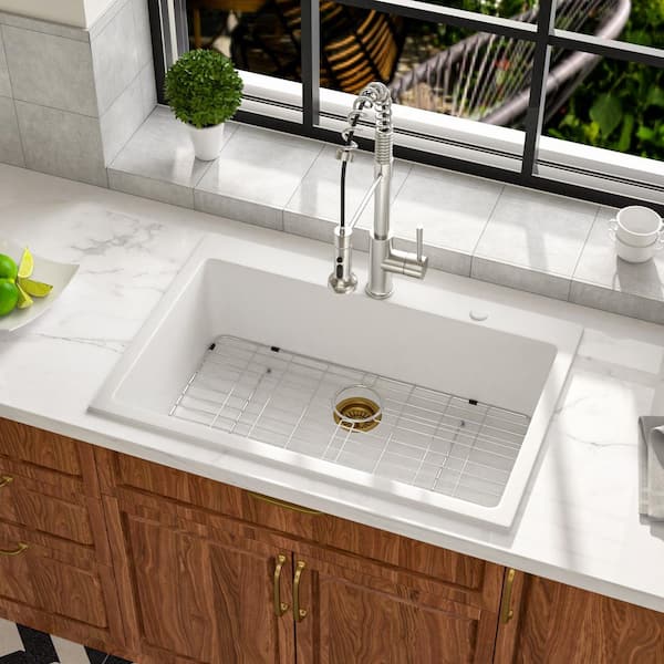 LORDEAR 33 in. Topmount R15 Round Corner Quartz Composite White Drop-In Kitchen Sink Single Bowl with Accessories