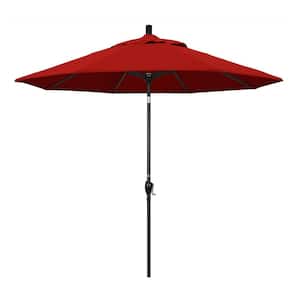 9 ft. Black Aluminum Pole Market Aluminum Ribs Push Tilt Crank Lift Patio Umbrella in Jockey Red Sunbrella