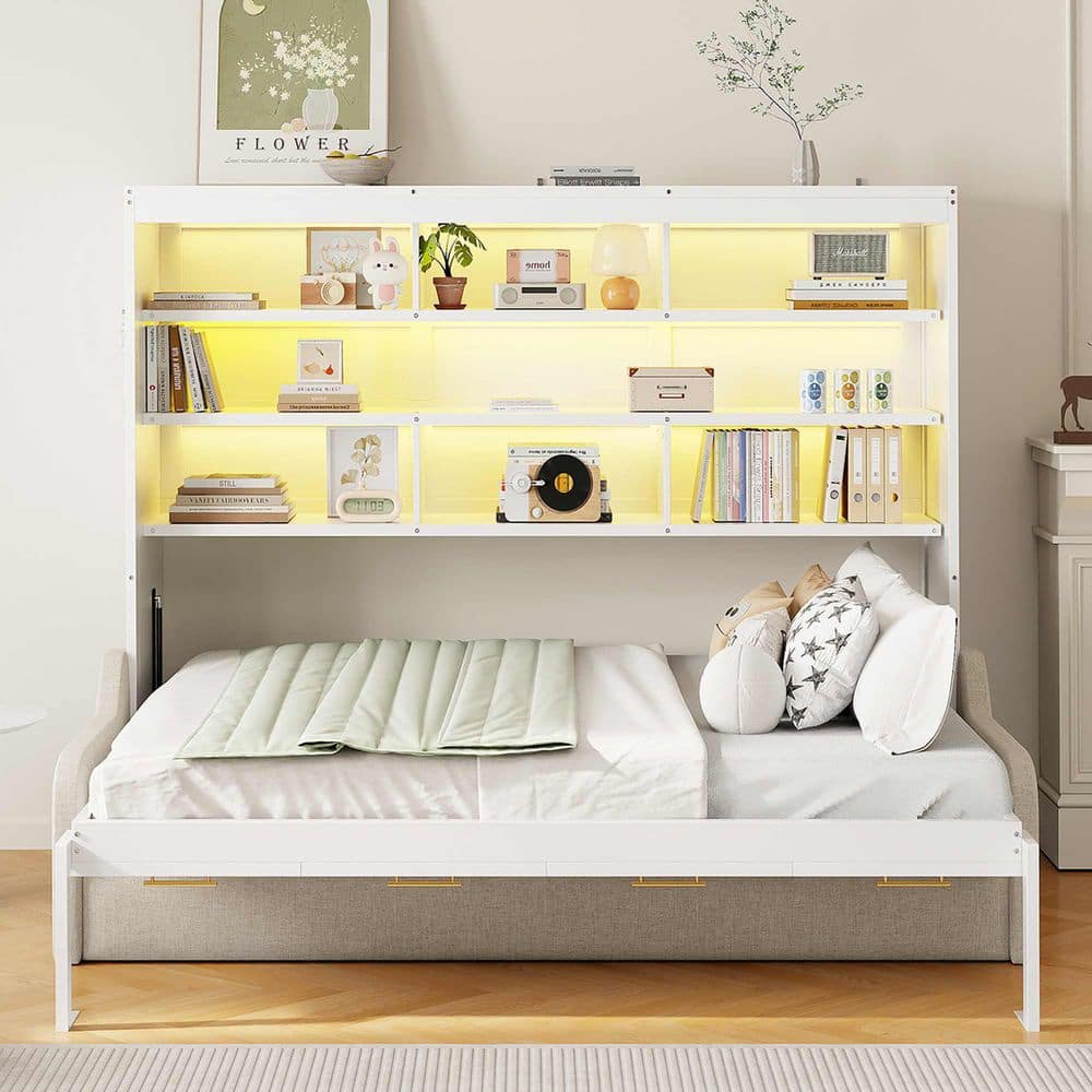 Beige Wood Frame Full Size Murphy Bed with Folding Sofa, Built-in Storage Shelves and LED Light price history on PriceWatchPro
