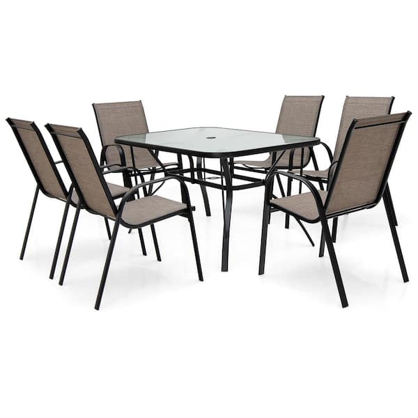 Costway 7-Piece Metal Outdoor Dining Set 6 Stackable Chairs Glass Table Umbrella Hole Yard
