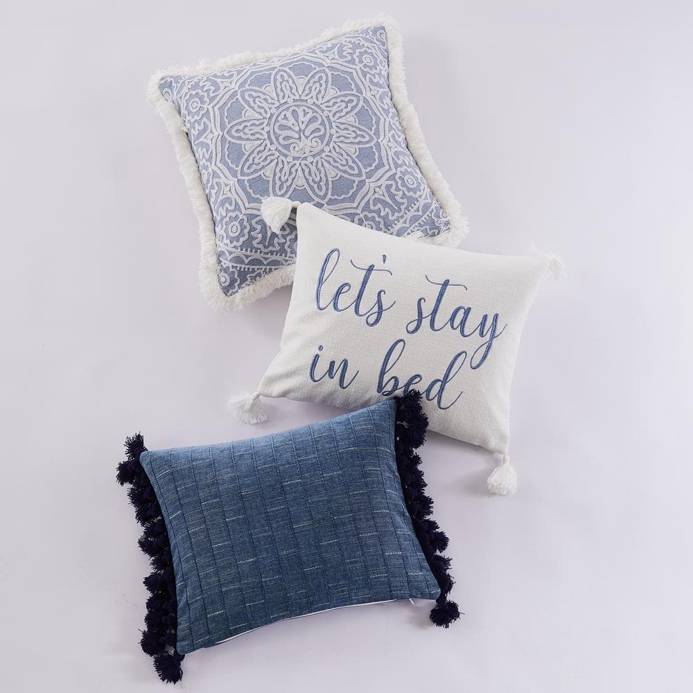 White and Blue Embroidered Stay in Bed Pillow