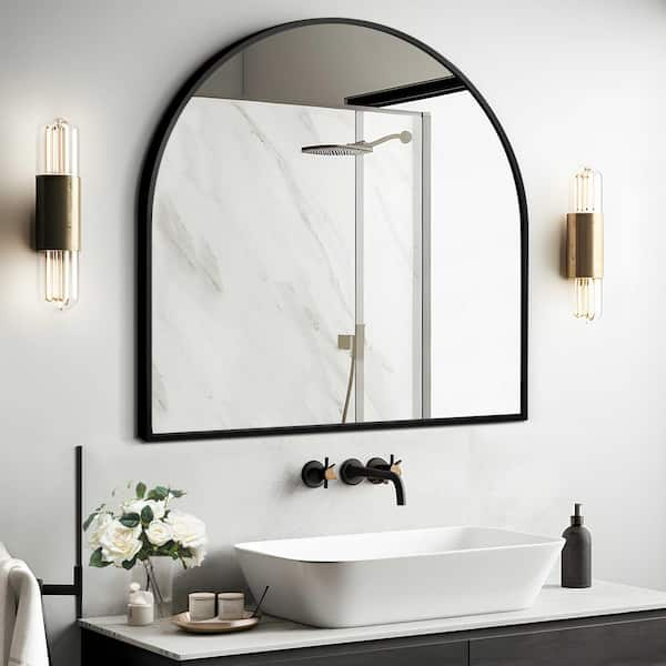 Dovelina 28 In. W X 30 In. H Arched Wall Mirror Black Bathroom Vanity 