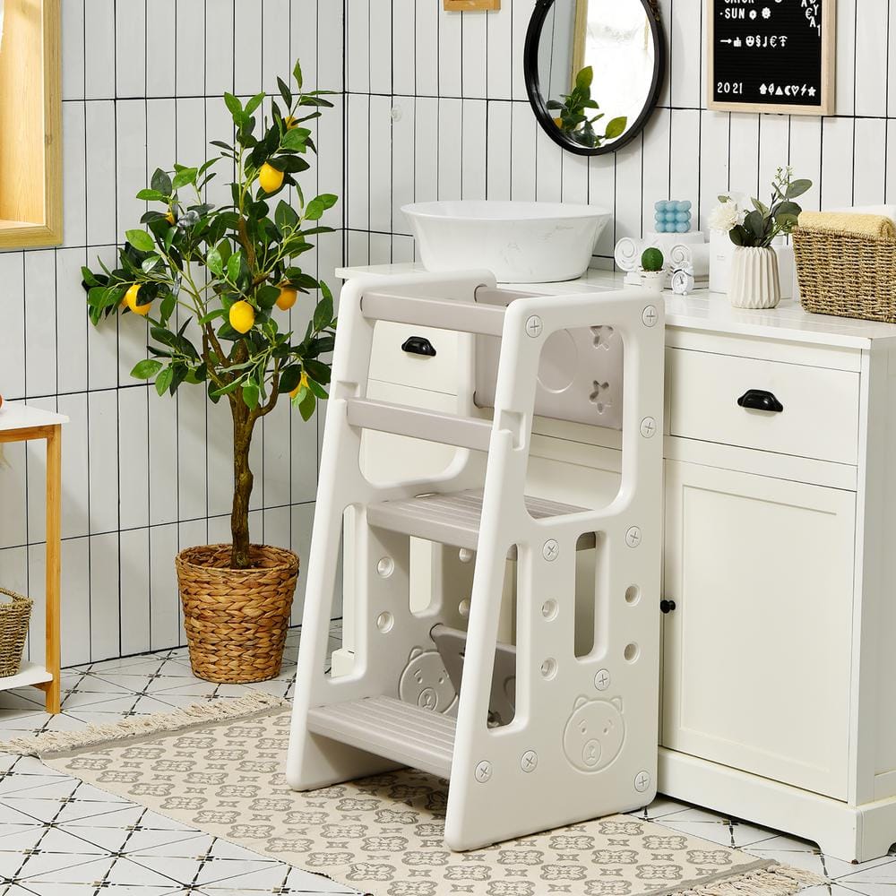 Adjustable Gray Toddler Kitchen Helper Step Stool with Safety Rails