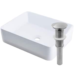 Porcelain Vessel Sink in White with Umbrella Drain Less Overflow in Brushed Nickel