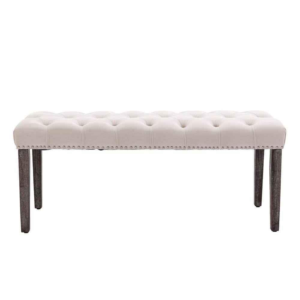 Aoibox 45 in. Beige Upholstered Tufted Bench, Velvet Ottoman for