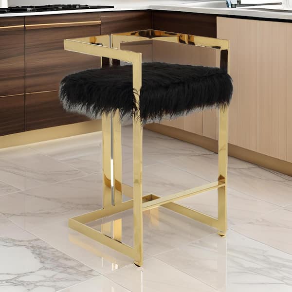 Benjara 29.5 in. Black and Gold Low Back Metal Frame Bar Stool with Fabric Seat