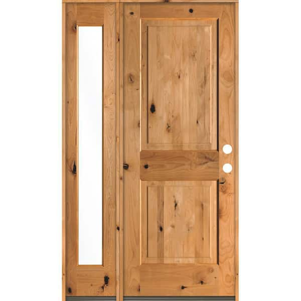 Krosswood Doors 44 in. x 80 in. Rustic knotty alder 2-Panel Sidelite Left-Hand/Inswing Clear Glass Clear Stain Wood Prehung Front Door