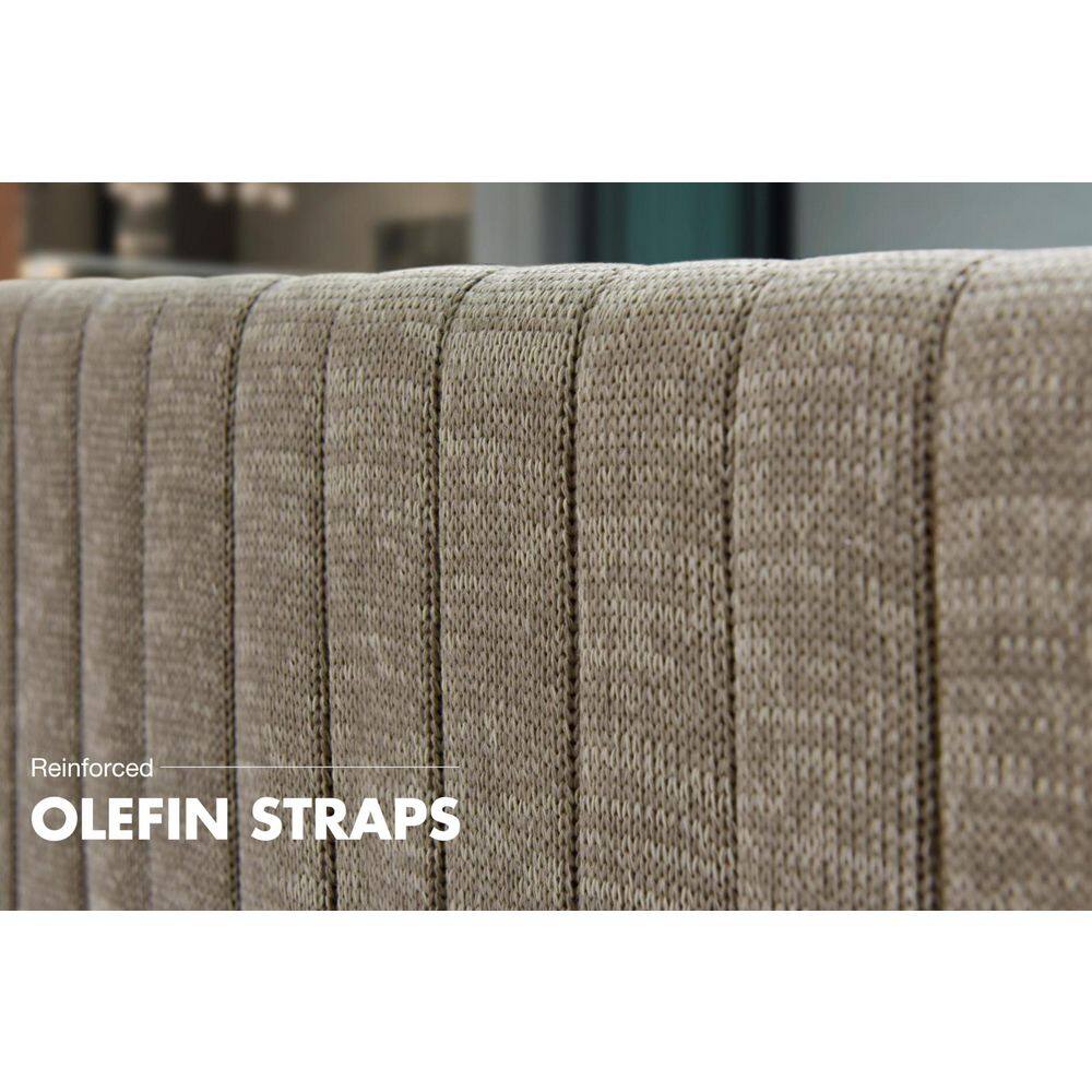 Close-up of the reinforced beige olefin straps on the sofa frame.