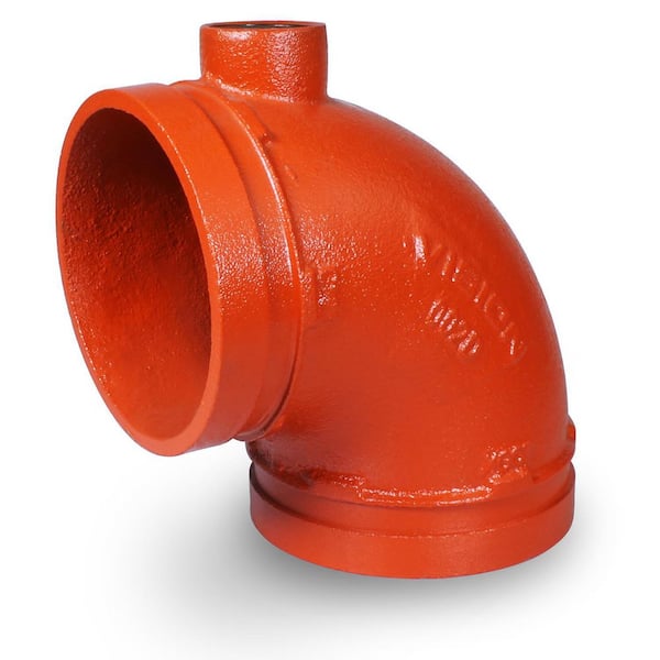 PLUMBFLEX 4 in. Ductile Iron 90-Degree Grooved Elbow Fitting with Drain, Joins Pips in Wet and Dry Systems, Full Flow, Orange