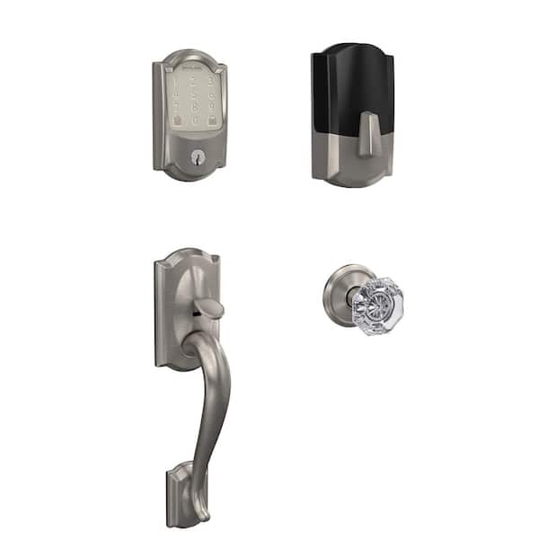 Schlage Camelot Satin Nickel Encode Smart Wi-Fi Deadbolt with Alarm and Custom Entry Door Handle with Camelot Alexandria Knob