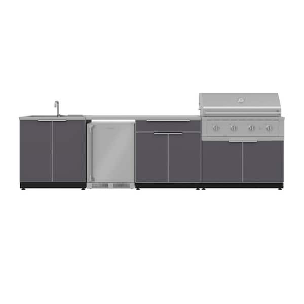 Outdoor Kitchen 4-Burner Natural Gas Grill Island in Aluminum Gray with 40 in. Stainless Steel Grill and Fridge