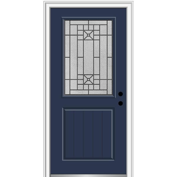 MMI DOOR Courtyard 36 in. x 80 in. Left-Hand 1/2-Lite Decorative Blue Fiberglass Smooth Prehung Front Door on 6-9/16 in. Frame