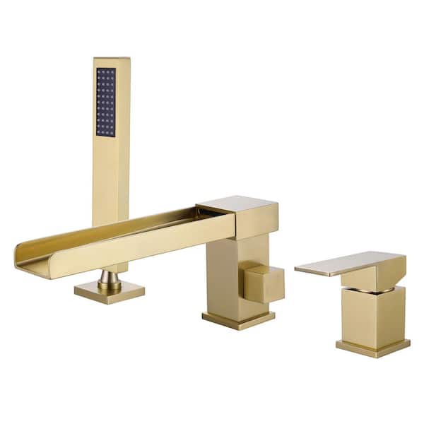 WELLFOR Waterfall Single-Handle Deck-Mount Roman Tub Faucet with Hand Shower in Brushed Gold