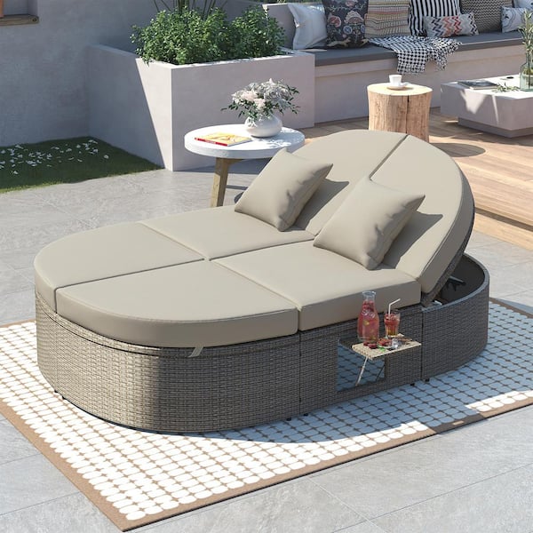 Polibi Wicker Outdoor Day Bed, Reclining Chaise Lounge with Gray Cushions, Pillows, Adjustable Backrests and Foldable Cup Trays