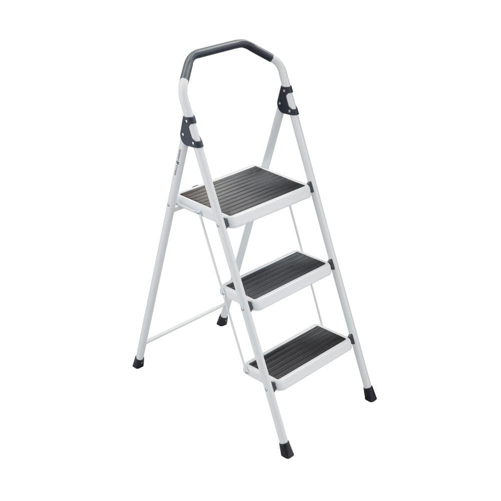 3-Step White and Black Foldable Steel Step Stool Ladder