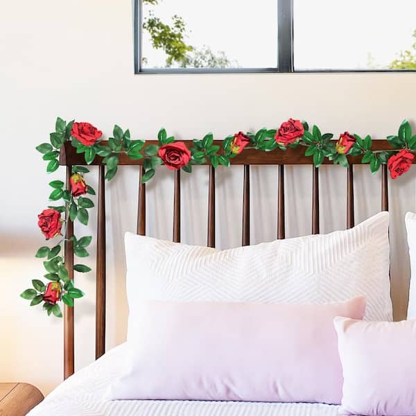 LIVING LUXURY 6 ft. Red Artificial Rose Flower Garland Hanging