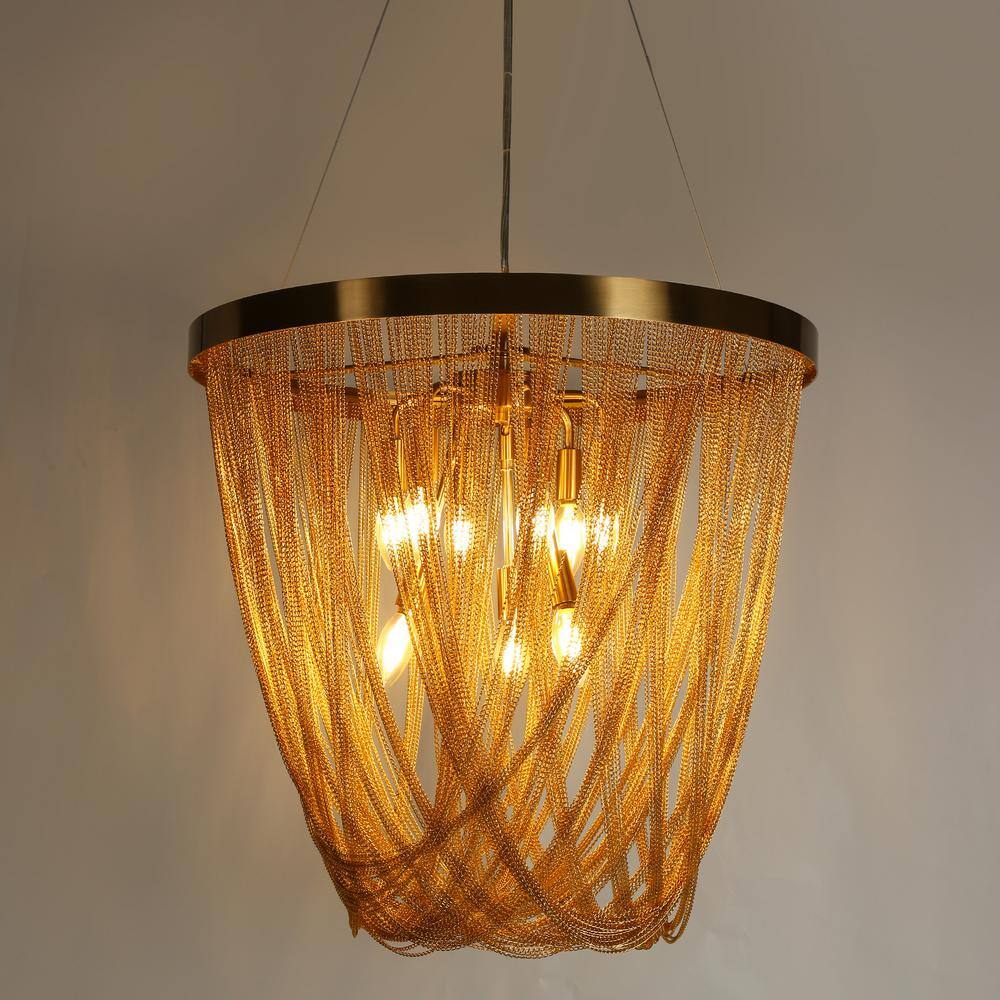Glamorous Brass and Crystal 9-Light Chandelier with Gold Fringe