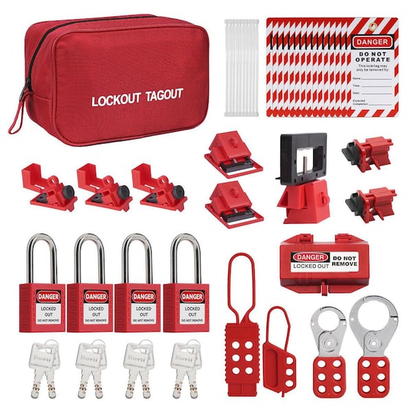 30-Piece Lockout Tagout Kit with 4 Safety Padlocks, Hasps, Circuit Breaker Locks, Tags, Nylon Ties