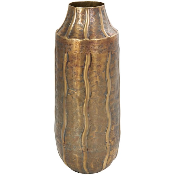 Litton Lane 14 in. Brass Snakeskin Inspired Metal Decorative Vase with Dimensional Wavy Accents